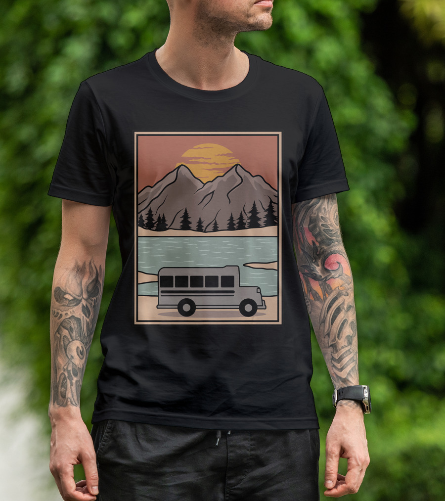 Vintage Skoolie Bus Conversion Scenic Mountain Lake Sunset T-Shirt