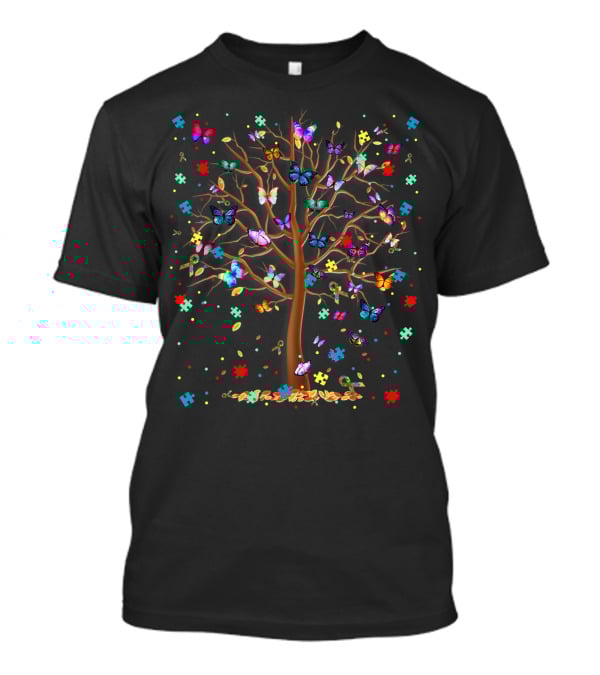 Tree Of Life Autism Support With Colorful Butterflies And Puzzle Pieces T-Shirt