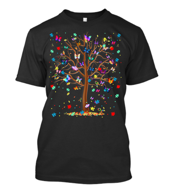 Tree Of Life Autism Support With Colorful Butterflies And Puzzle Pieces T-Shirt