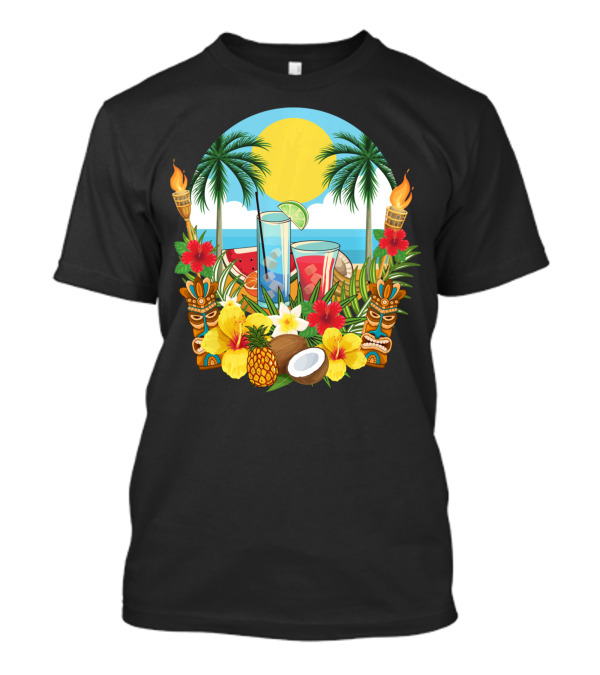 Tropical Sunset With Palm Trees And Exotic Drinks Amidst Tiki Torches And Hibiscus Flowers T-Shirt