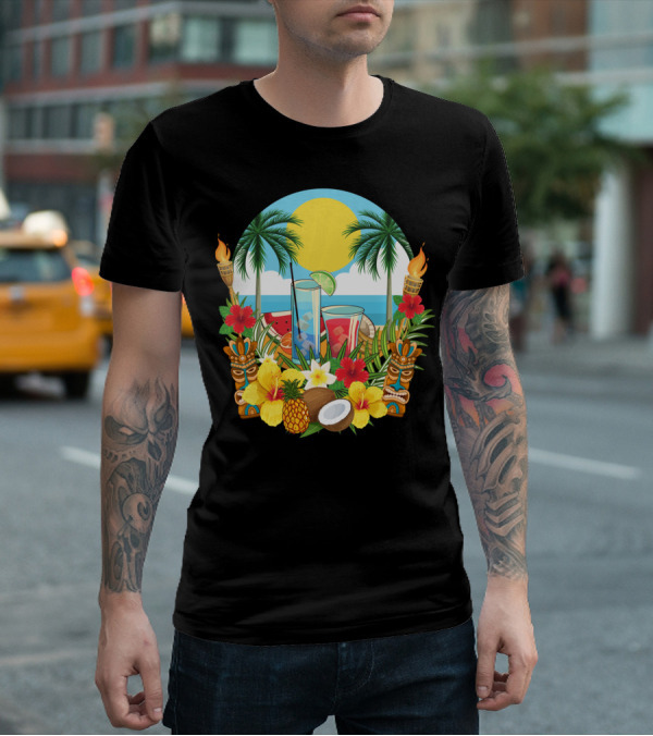Tropical Sunset With Palm Trees And Exotic Drinks Amidst Tiki Torches And Hibiscus Flowers T-Shirt