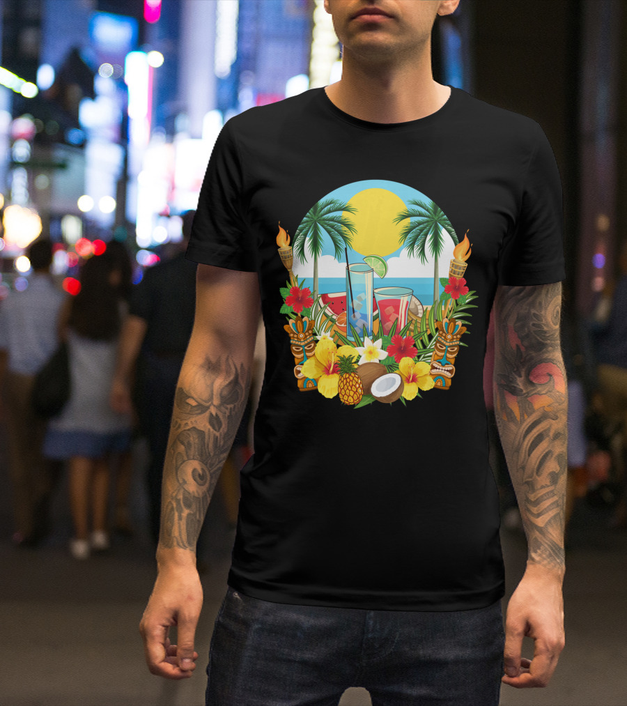 Tropical Sunset With Palm Trees And Exotic Drinks Amidst Tiki Torches And Hibiscus Flowers T-Shirt