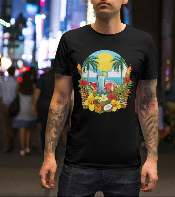 Tropical Sunset With Palm Trees And Exotic Drinks Amidst Tiki Torches And Hibiscus Flowers T-Shirt