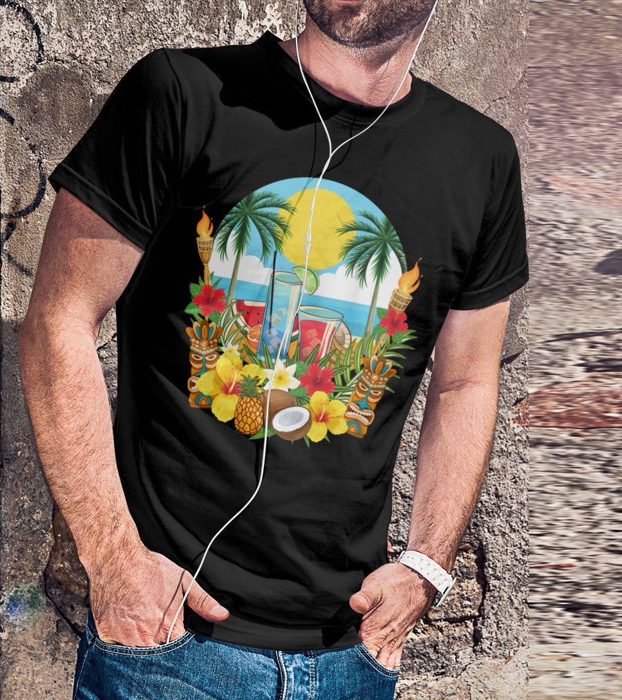 Tropical Sunset With Palm Trees And Exotic Drinks Amidst Tiki Torches And Hibiscus Flowers T-Shirt