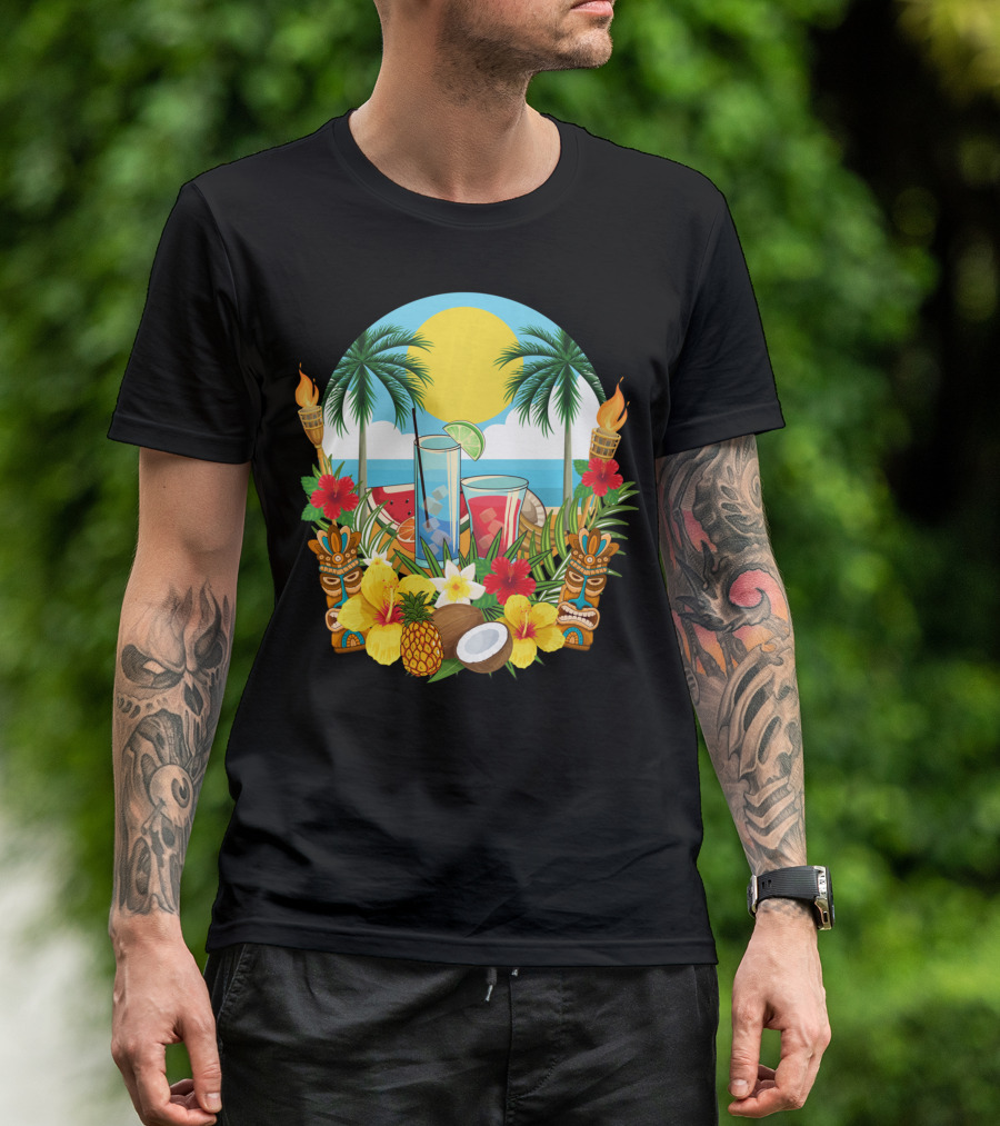 Tropical Sunset With Palm Trees And Exotic Drinks Amidst Tiki Torches And Hibiscus Flowers T-Shirt