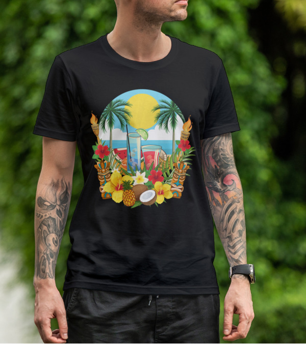 Tropical Sunset With Palm Trees And Exotic Drinks Amidst Tiki Torches And Hibiscus Flowers T-Shirt