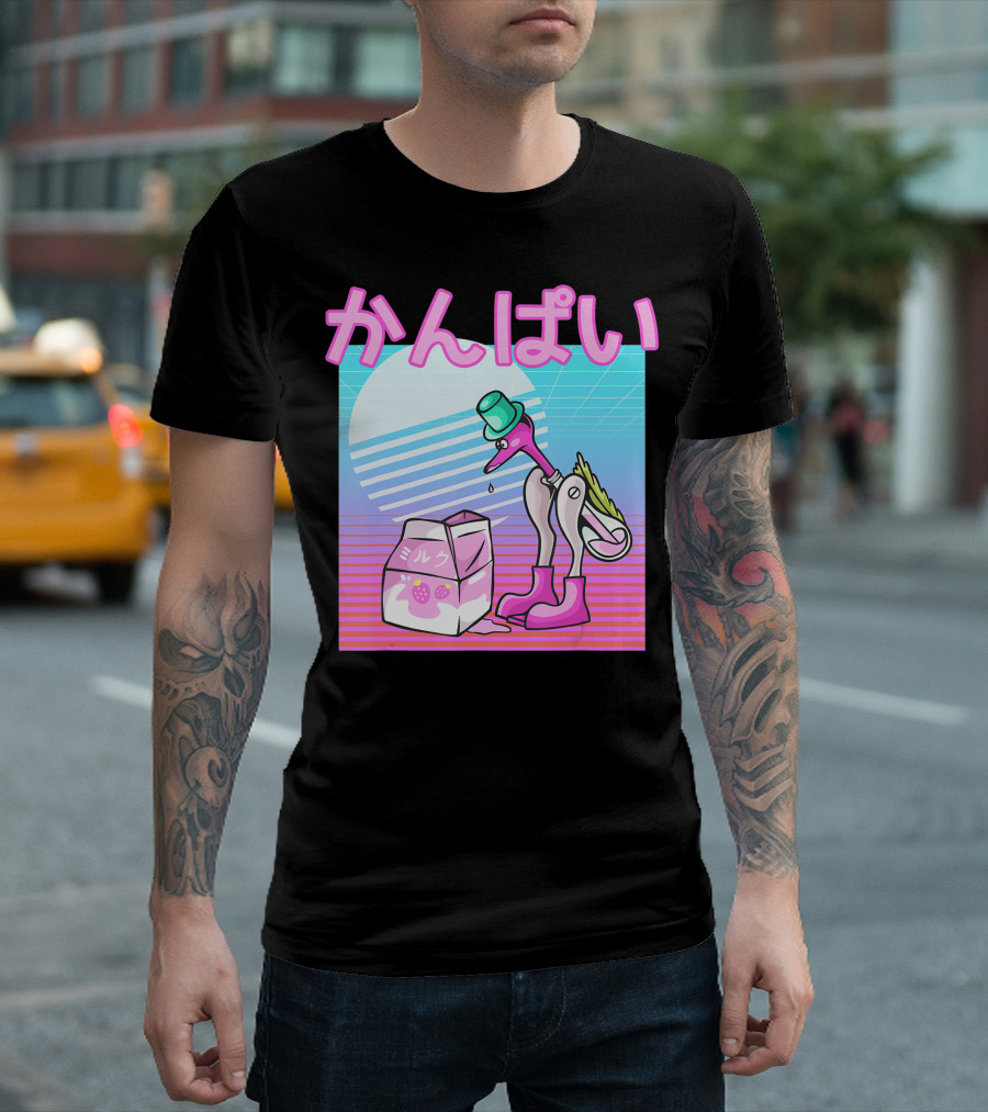 Vaporwave Strawberry Milk Kanpai Drinking Bird Toy Japanese T-Shirt