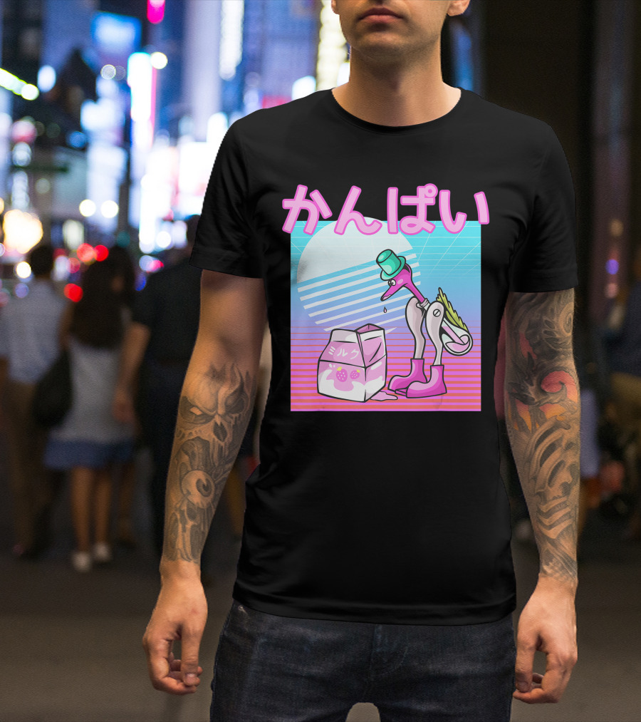 Vaporwave Strawberry Milk Kanpai Drinking Bird Toy Japanese T-Shirt