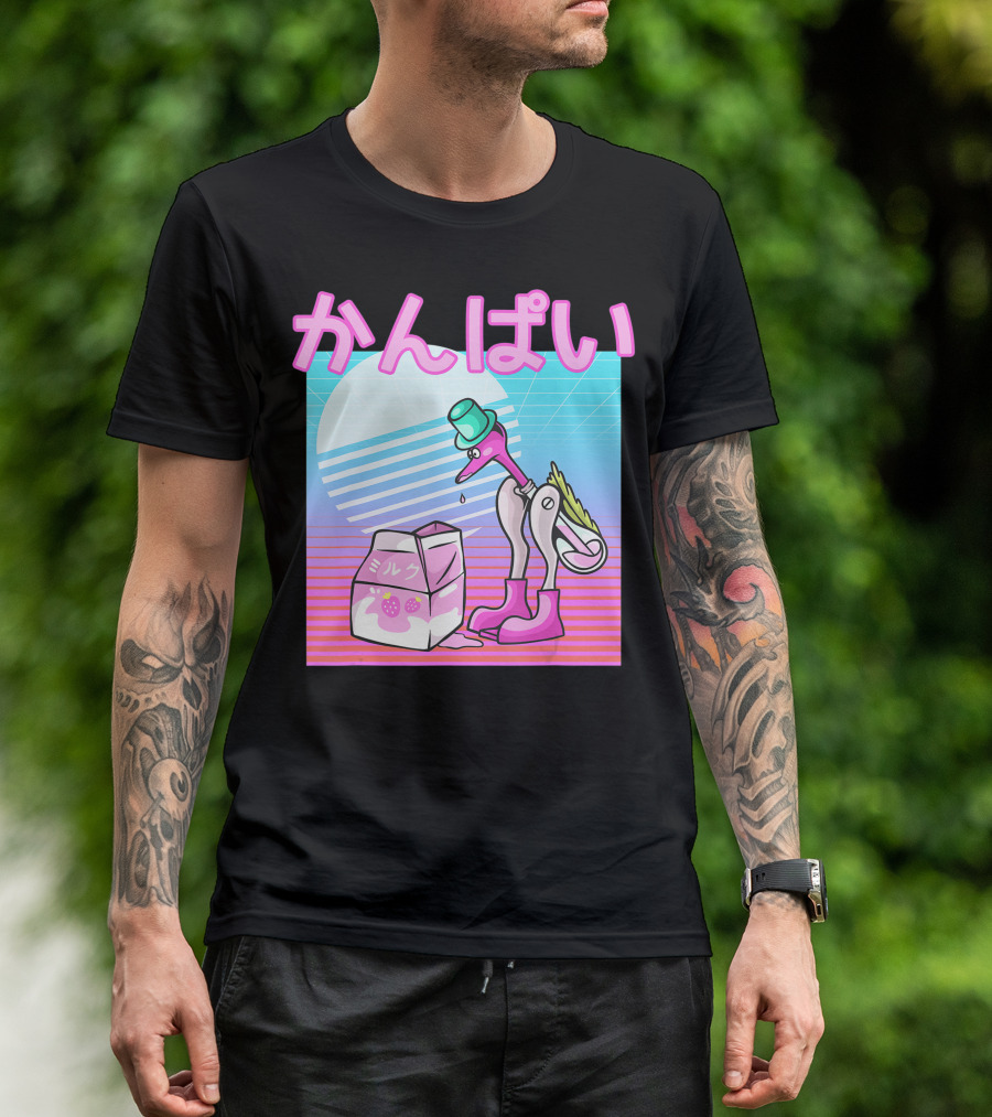 Vaporwave Strawberry Milk Kanpai Drinking Bird Toy Japanese T-Shirt