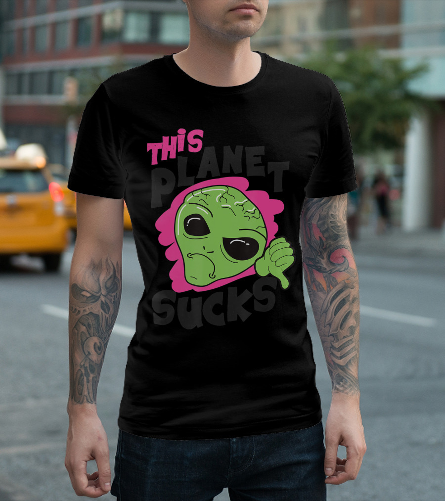 Green Alien Head Face This Planet Sucks Thumbs Down T-Shirt