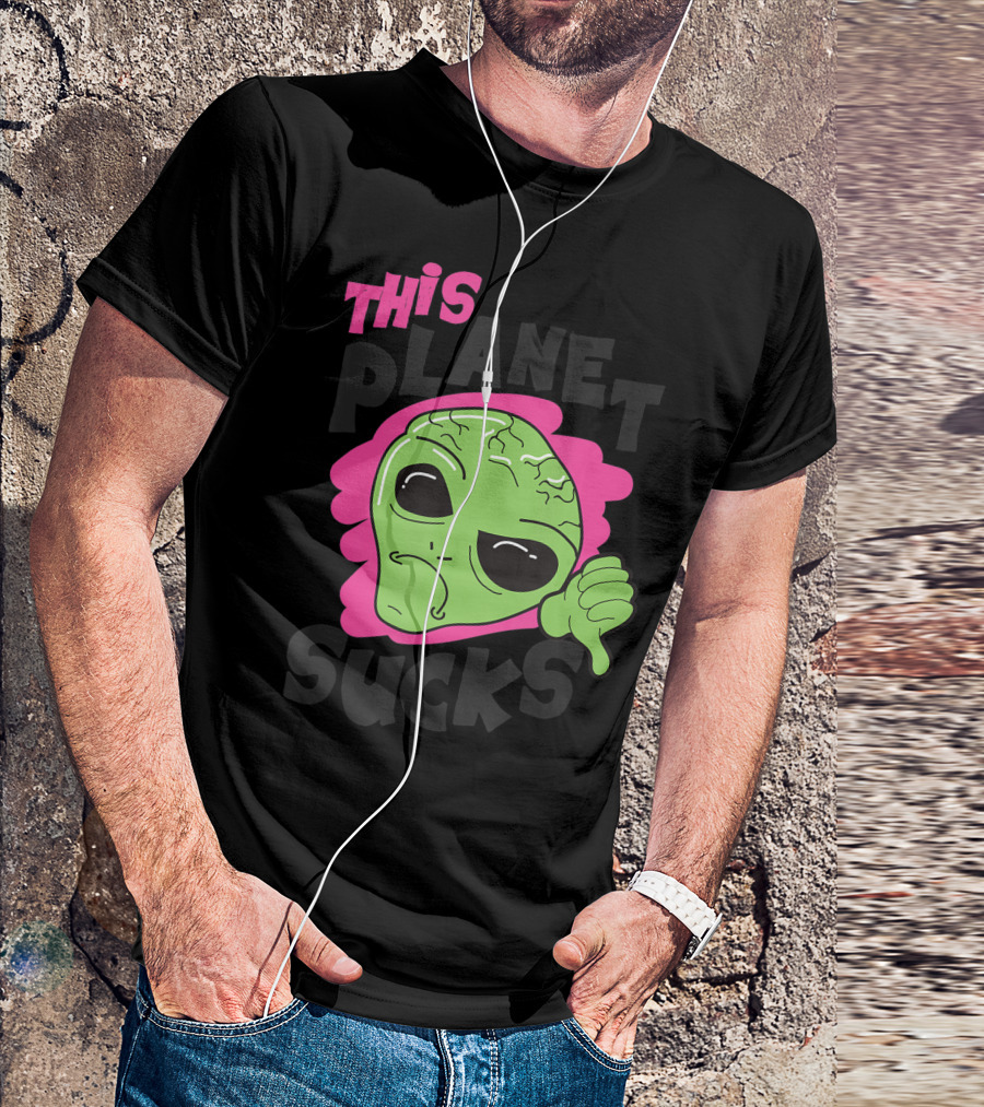 Green Alien Head Face This Planet Sucks Thumbs Down T-Shirt