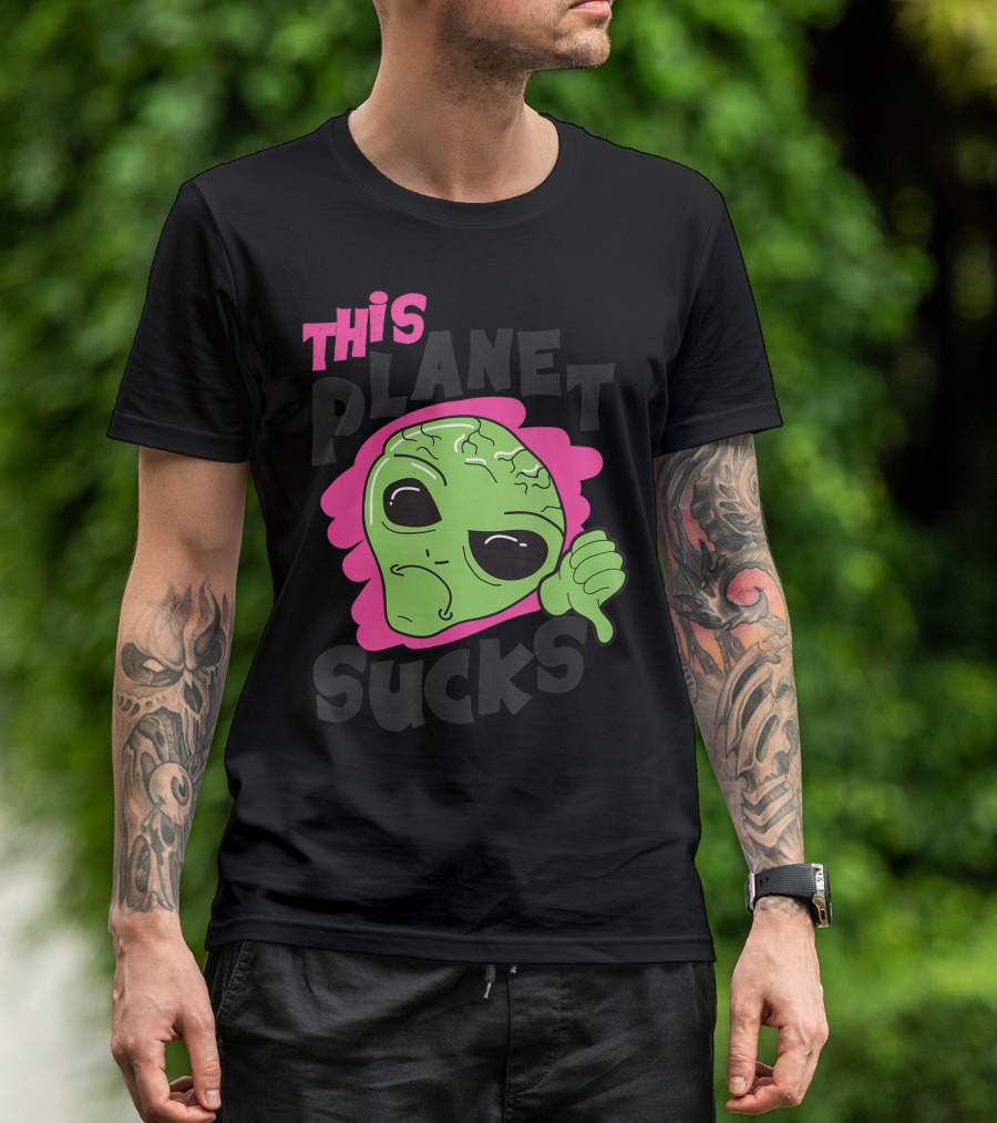 Green Alien Head Face This Planet Sucks Thumbs Down T-Shirt