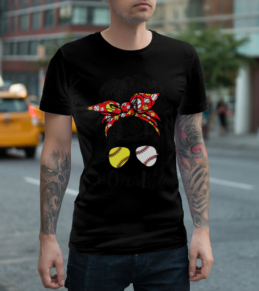 OmaLife Messy Bun Hair Softball Baseball Sunglasses T-Shirt