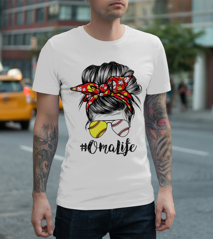 OmaLife Messy Bun Hair Softball Baseball Sunglasses T-Shirt