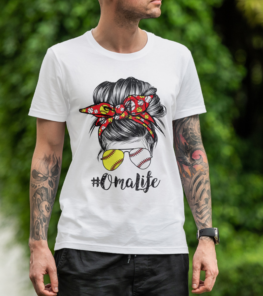 OmaLife Messy Bun Hair Softball Baseball Sunglasses T-Shirt