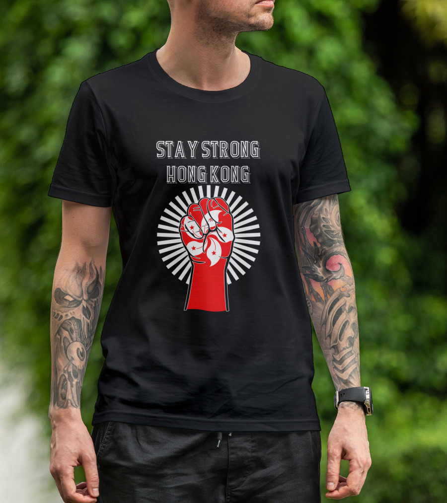 Stay Strong Hong Kong Red Fist With White Bauhinia Flowers And Radiating Light T-Shirt