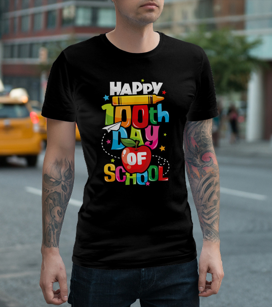 Happy 100th Day of School Teachers Kids Child Colorful Letters Crayon Apple T-Shirt