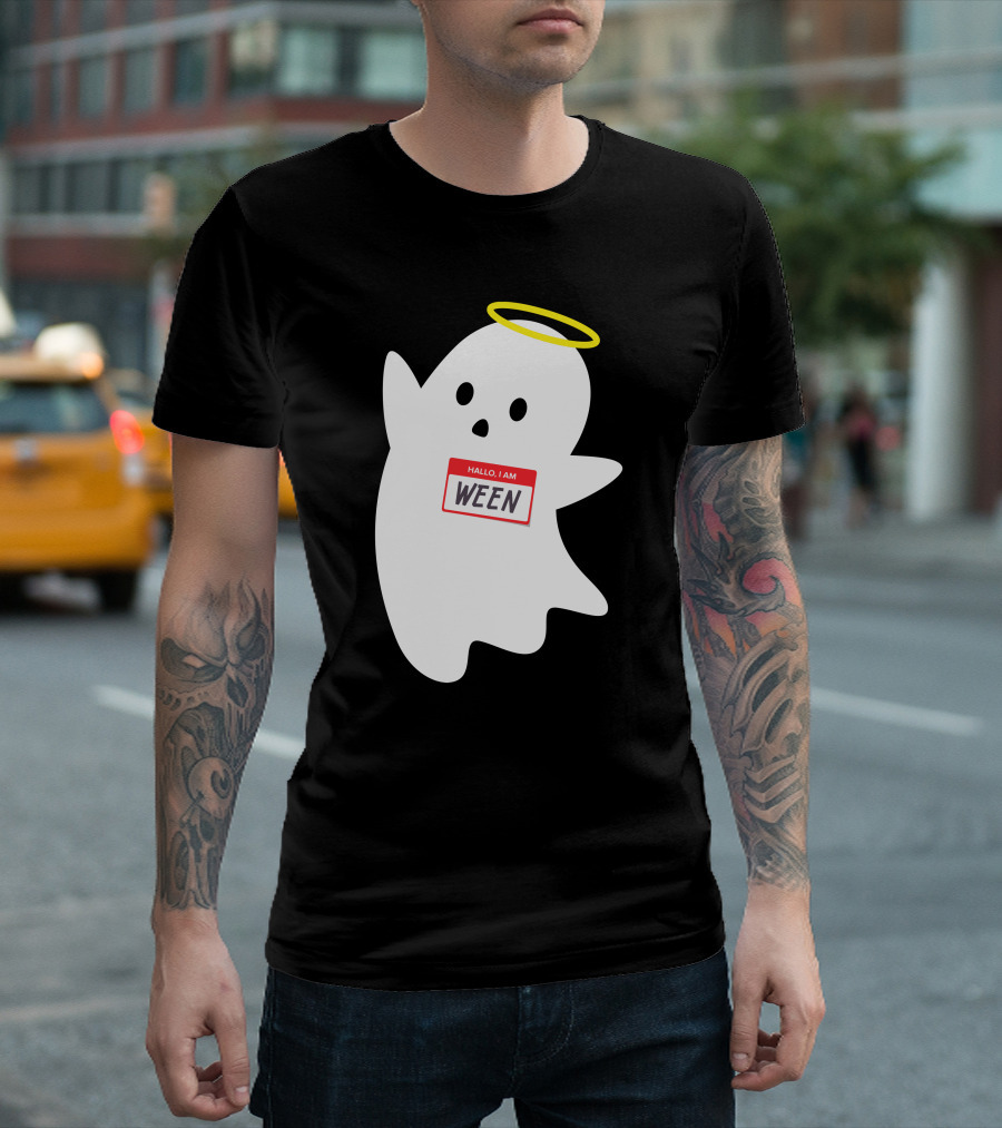 Wholesome Hallo I Am Ween Ghost with Halo and Nametag T-Shirt