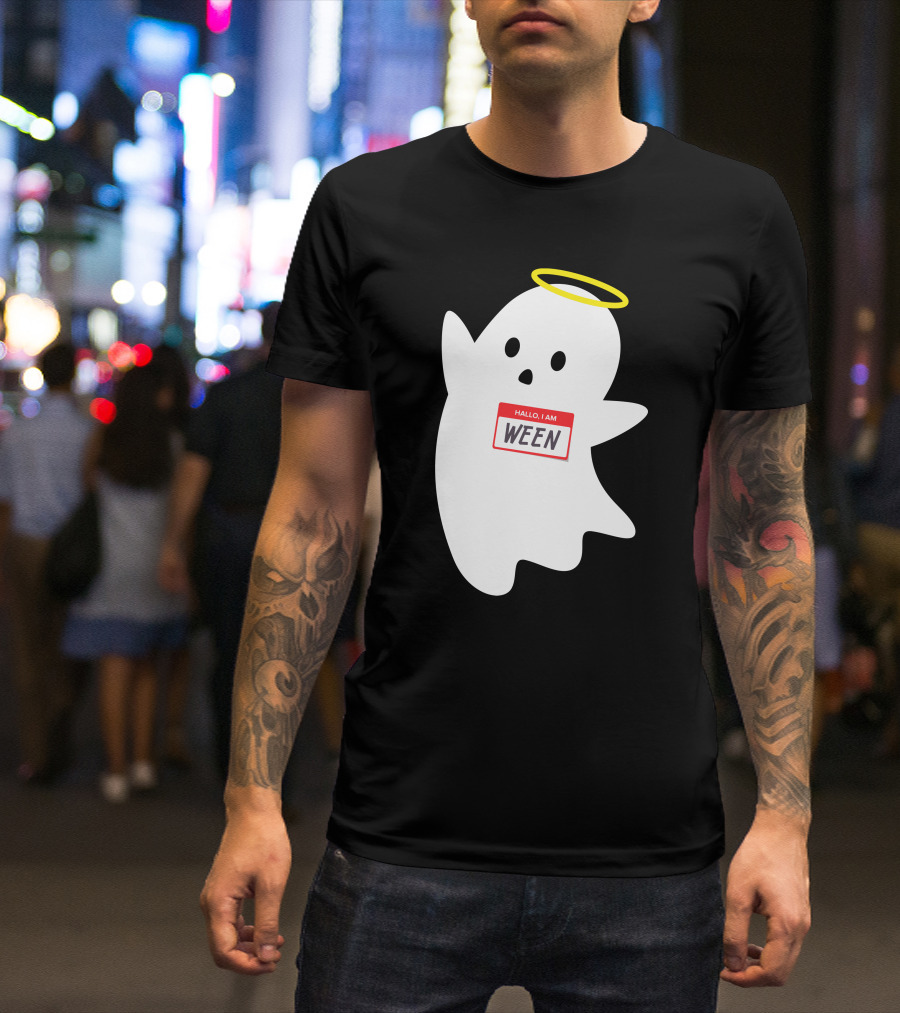 Wholesome Hallo I Am Ween Ghost With Halo And Nametag T-Shirt