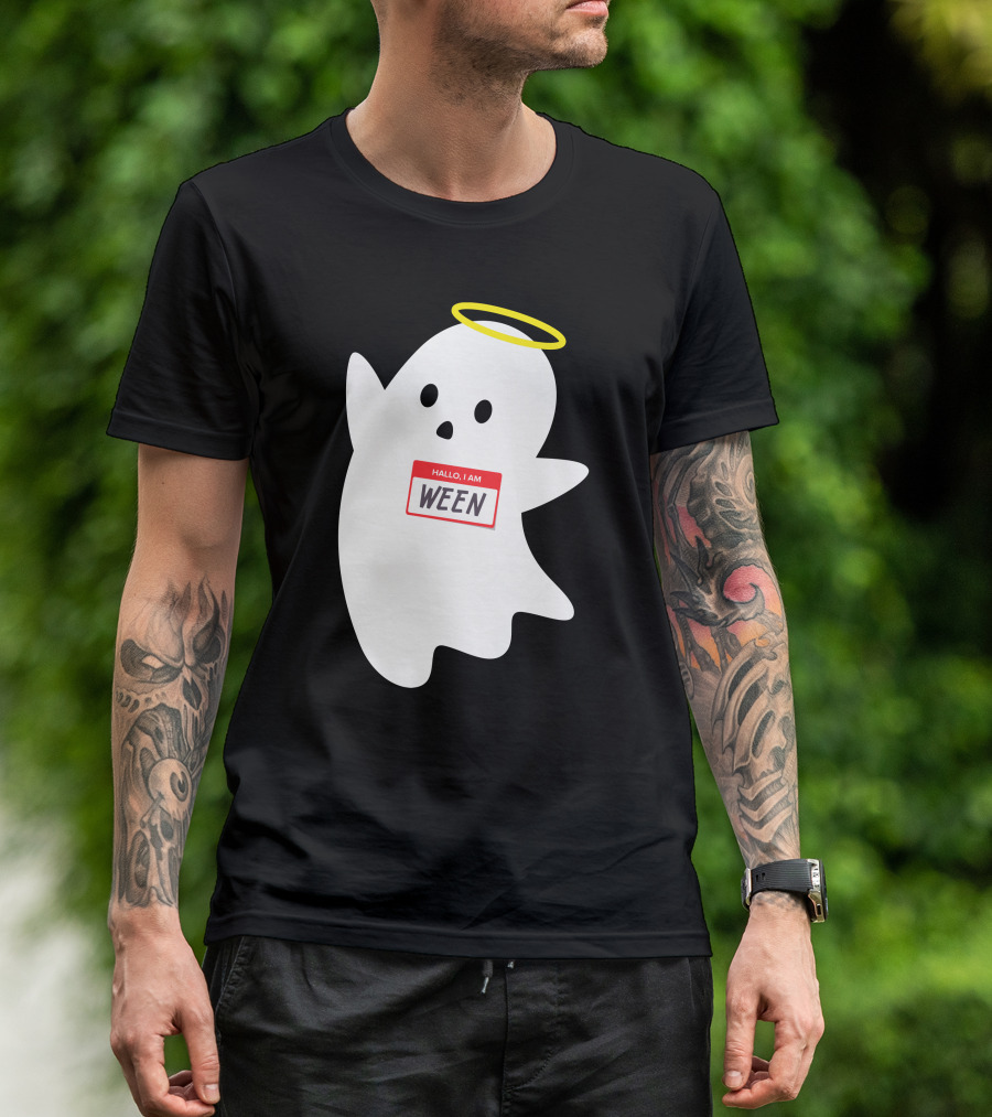 Wholesome Hallo I Am Ween Ghost With Halo And Nametag T-Shirt