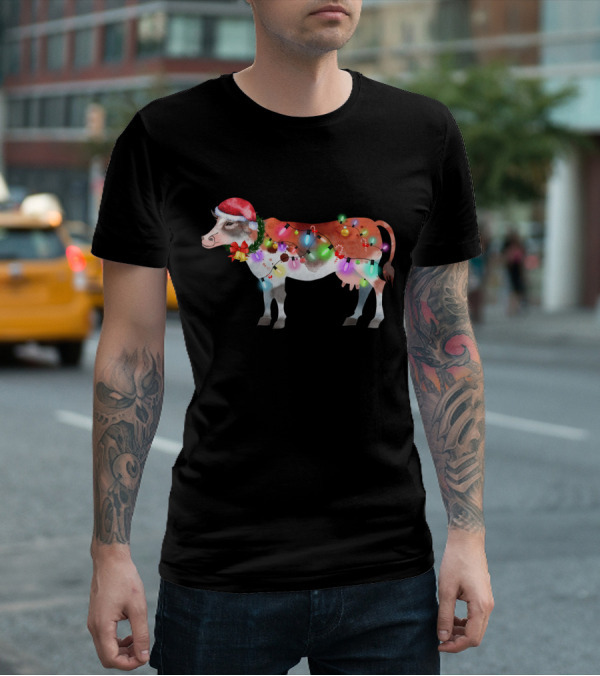 Christmas Lights Santa Hat Cow Festive Holiday T-Shirt