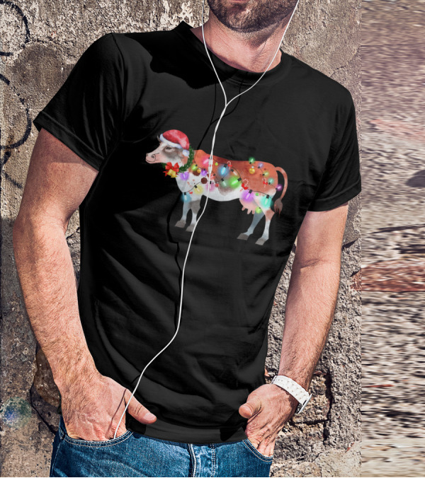 Christmas Lights Santa Hat Cow Festive Holiday T-Shirt