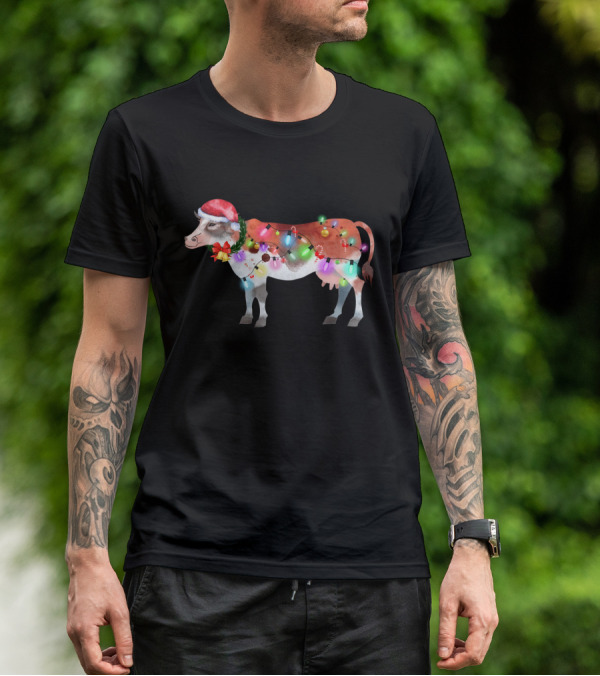 Christmas Lights Santa Hat Cow Festive Holiday T-Shirt