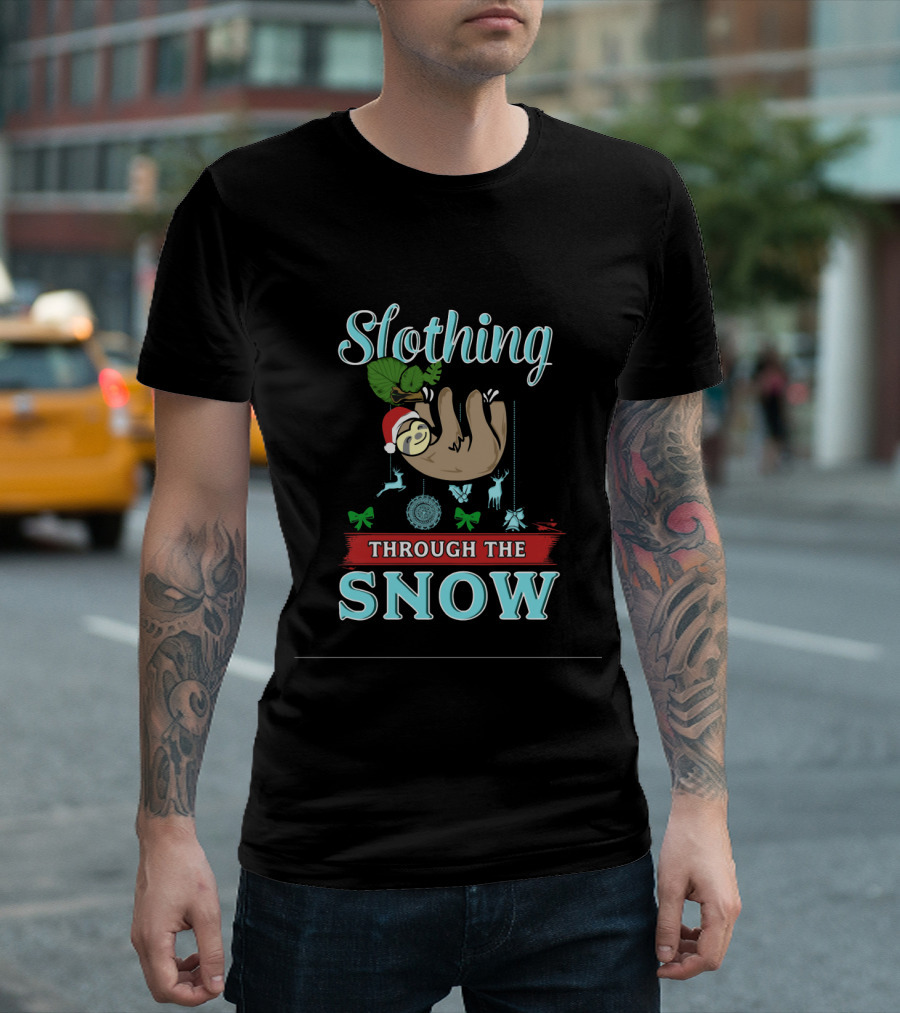 Slothing Through the Snow with Santa Hat and Christmas Decorations T-Shirt