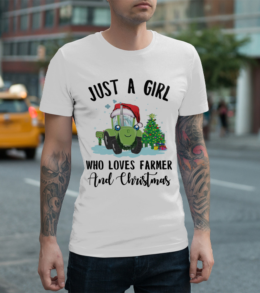 Just A Girl Who Loves Farmer And Christmas With Santa Hat Tractor And Christmas Tree T-Shirt