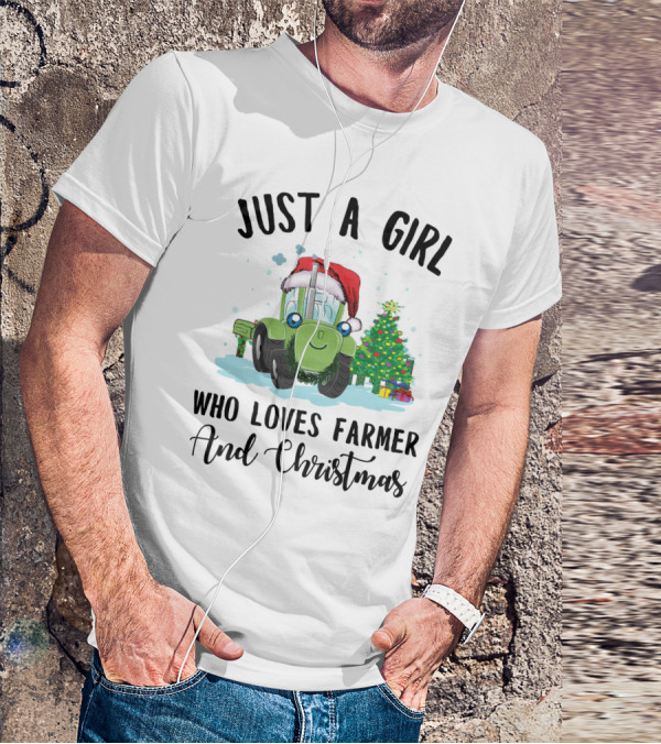 Just A Girl Who Loves Farmer And Christmas With Santa Hat Tractor And Christmas Tree T-Shirt