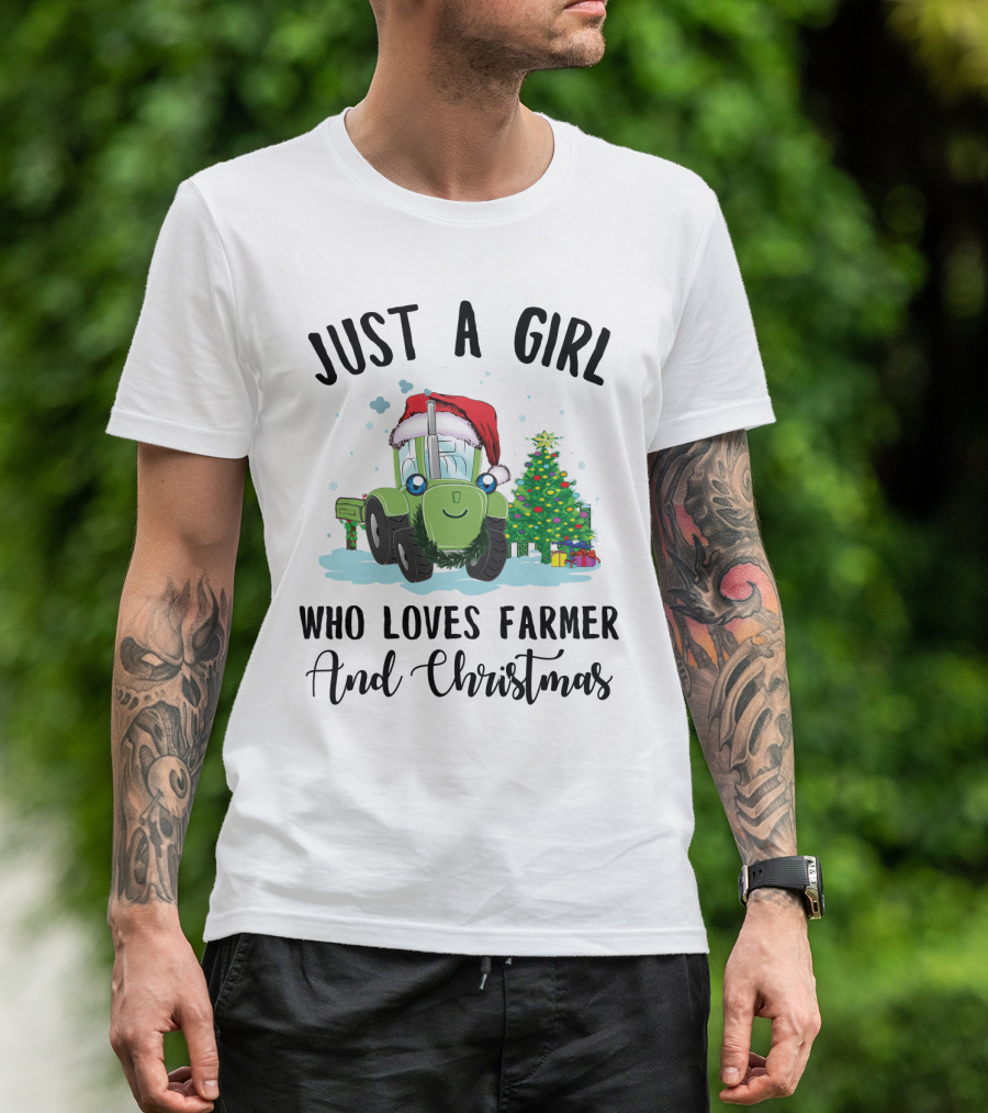 Just A Girl Who Loves Farmer And Christmas With Santa Hat Tractor And Christmas Tree T-Shirt