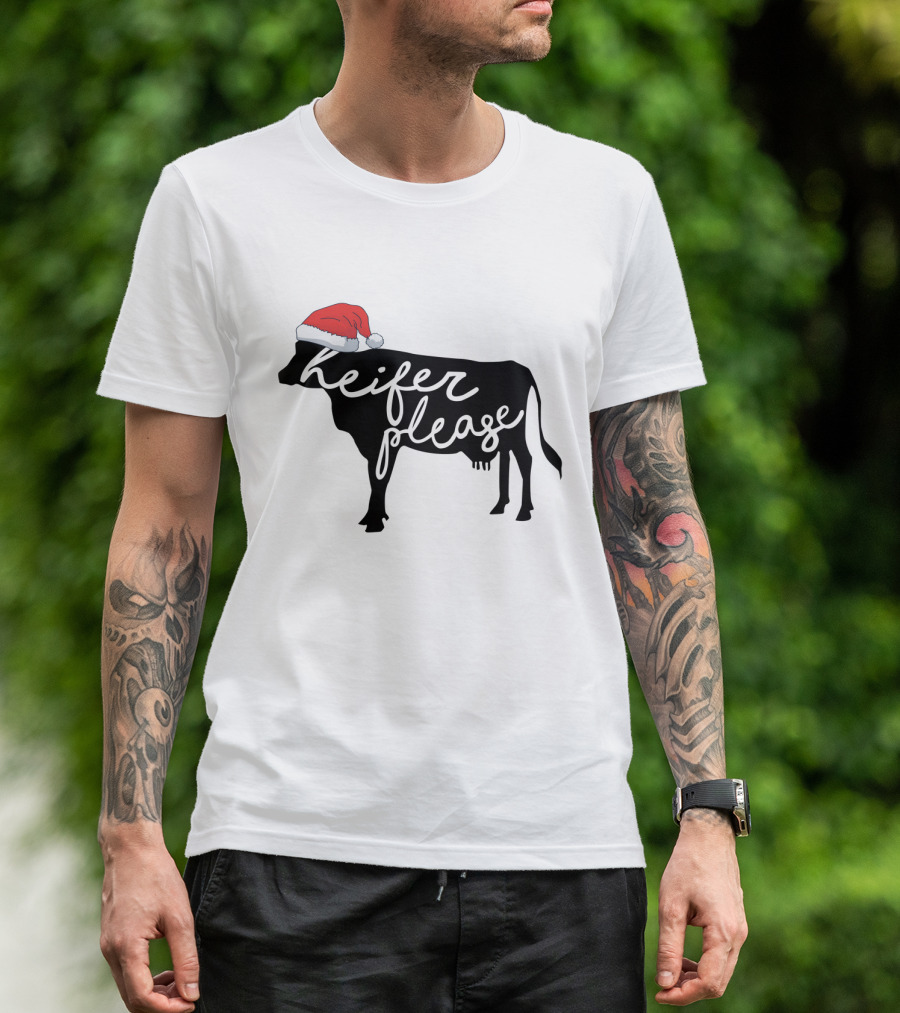 Merry Christmas Heifer Please Silhouette With Santa Hat T-Shirt