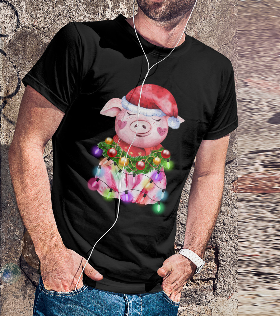 Santa Hat Heart Cheek Pink Pig Wrapped In Christmas Lights T-Shirt