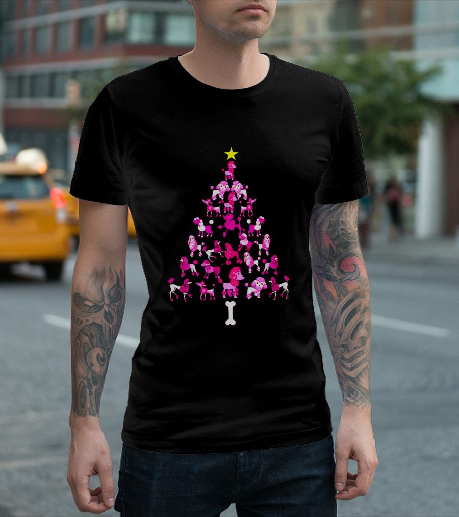 Poodles Dogs Forming Christmas Tree with Star and Bone Base T-Shirt