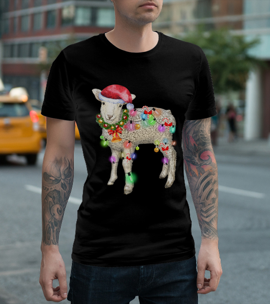 Christmas Sheep with Santa Hat and Holiday Lights T-Shirt