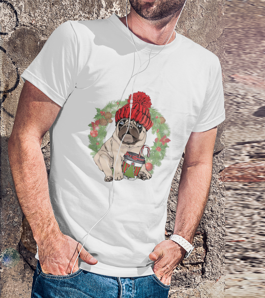 Festive Pug In Red Hat Holding Christmas Cup Surrounded By Holiday Wreath T-Shirt