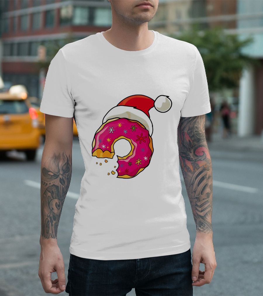 Santa Hat Candy Xmas Donut with Pink Frosting and Stars T-Shirt