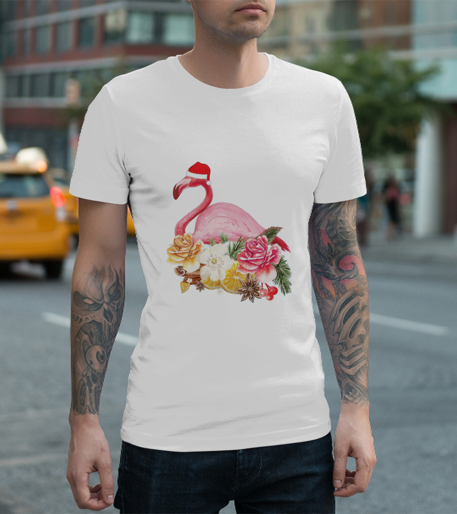 Festive Flamingo with Santa Hat and Holiday Floral Arrangement T-Shirt
