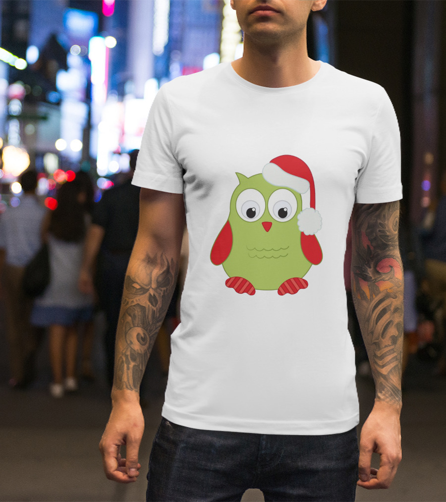 Cute Santa Owl Christmas Green And Red Cartoon Owl Santa Hat T-Shirt