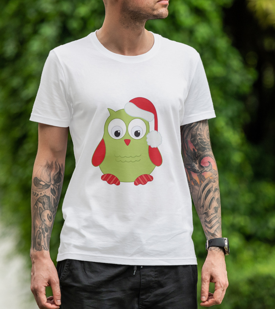 Cute Santa Owl Christmas Green And Red Cartoon Owl Santa Hat T-Shirt