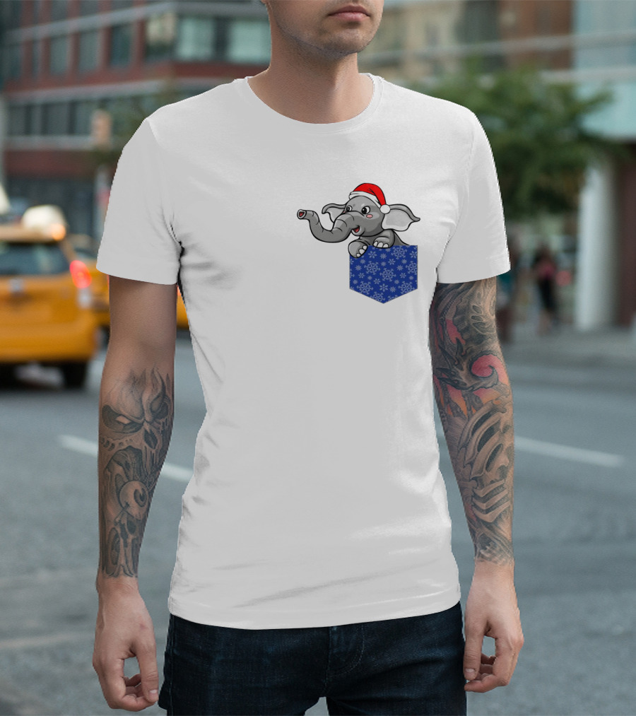 Christmas Holiday Pocket Elephant with Santa Hat and Blue Snowflake Pattern Pocket T-Shirt