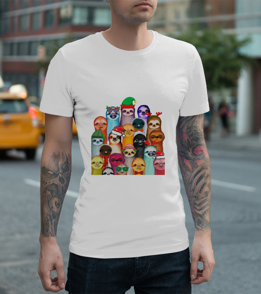Christmas Sloths Wearing Festive Accessories and Colorful Hats T-Shirt