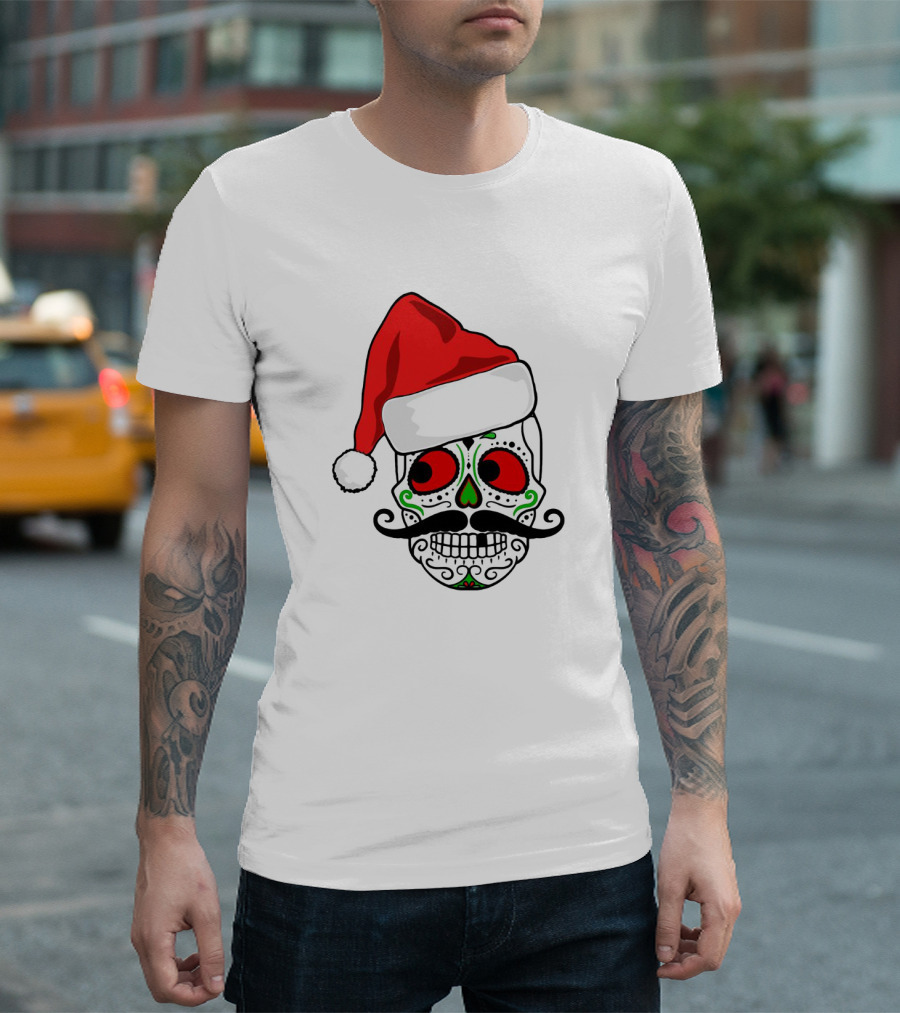 Santa Hat Festive Sugar Skull Christmas T-Shirt