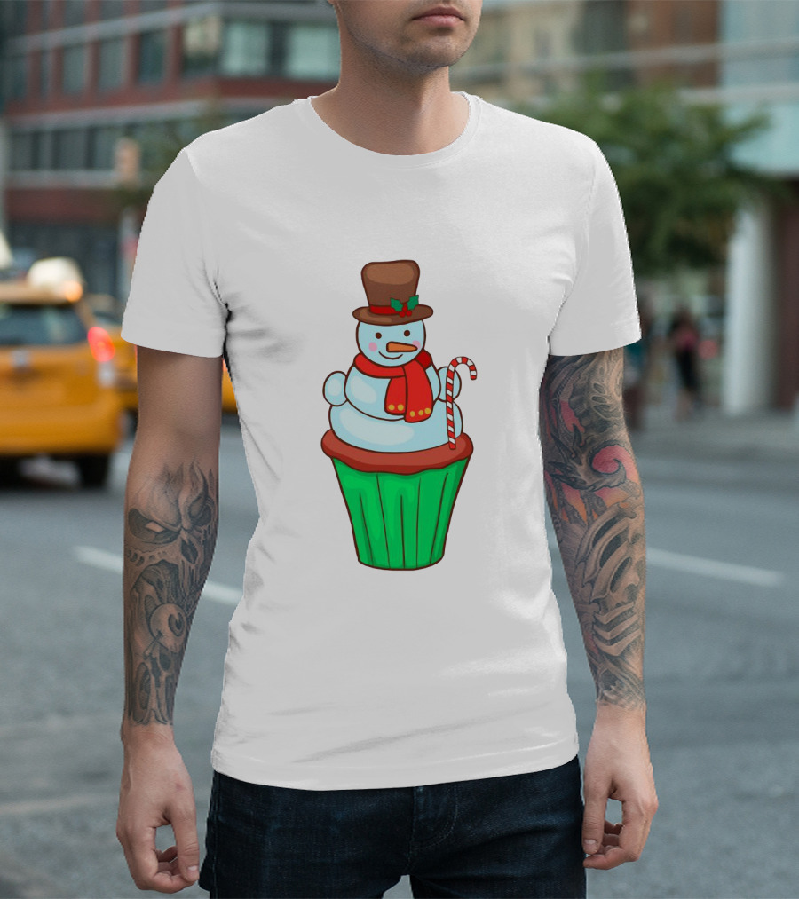 Xmas Cupcake Muffins with Snowman and Candy Cane Holiday T-Shirt