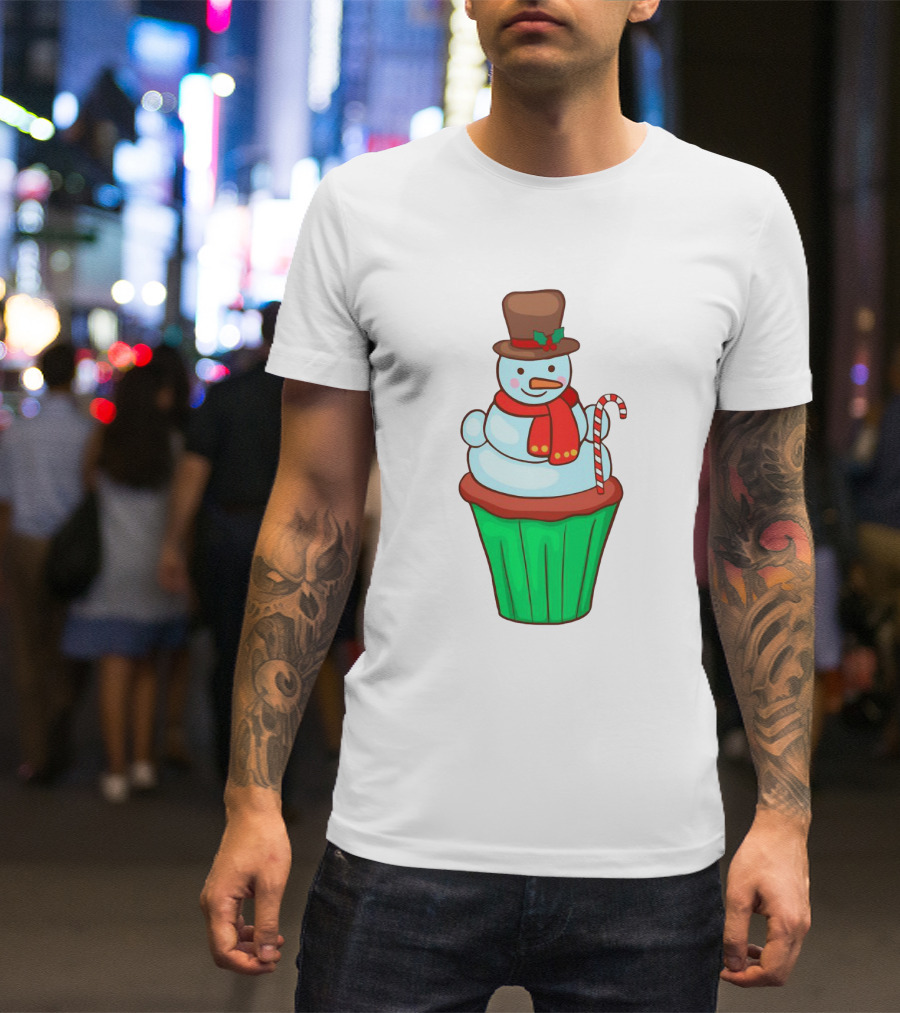 Xmas Cupcake Muffins With Snowman And Candy Cane Holiday T-Shirt