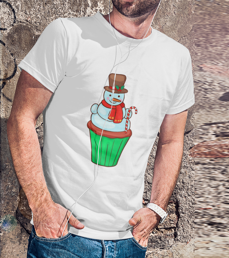 Xmas Cupcake Muffins With Snowman And Candy Cane Holiday T-Shirt