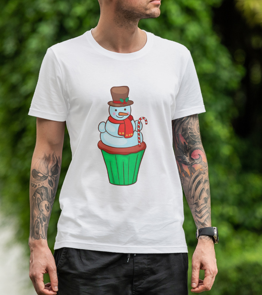 Xmas Cupcake Muffins With Snowman And Candy Cane Holiday T-Shirt