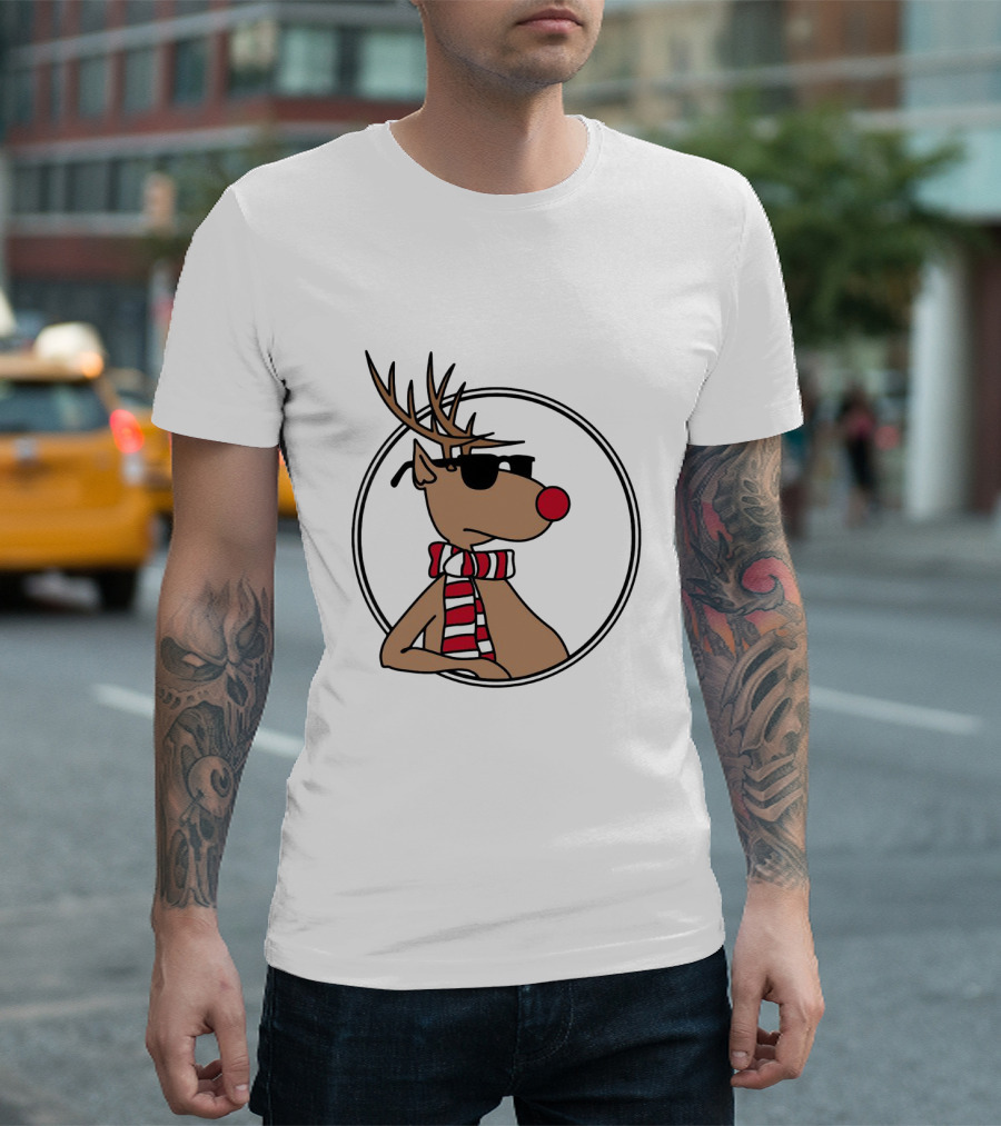 Deer Cool Reindeer In Sunglasses And Striped Scarf T-Shirt