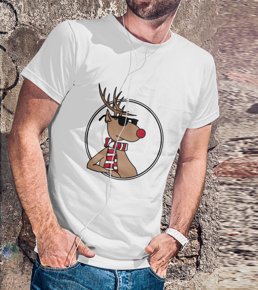 Deer Cool Reindeer In Sunglasses And Striped Scarf T-Shirt
