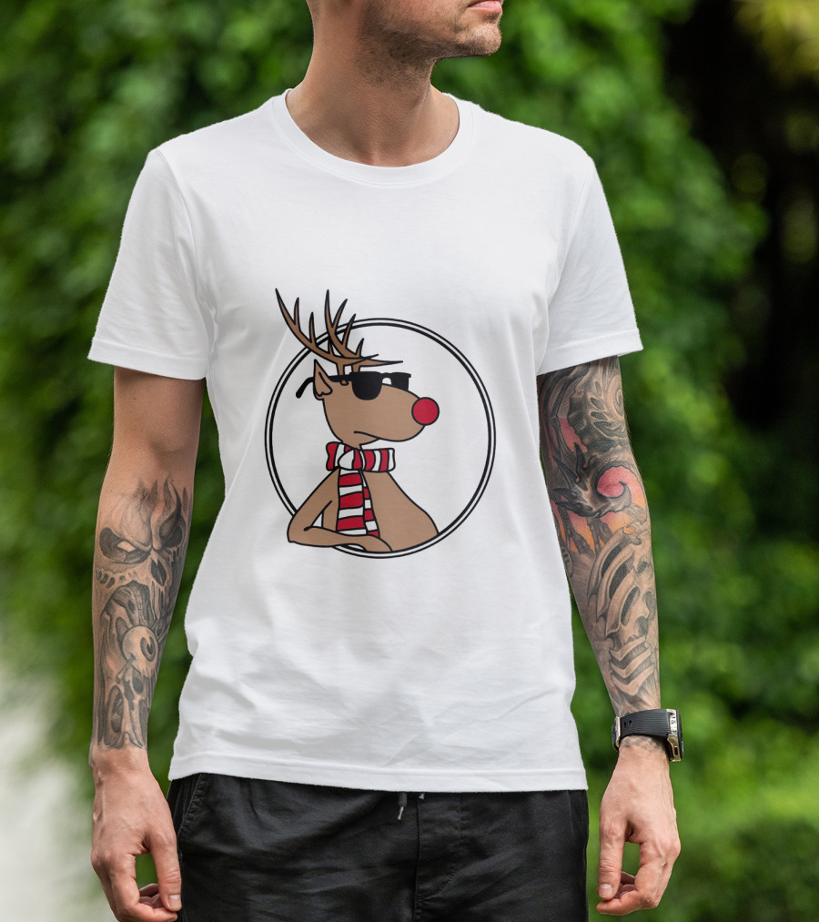 Deer Cool Reindeer In Sunglasses And Striped Scarf T-Shirt